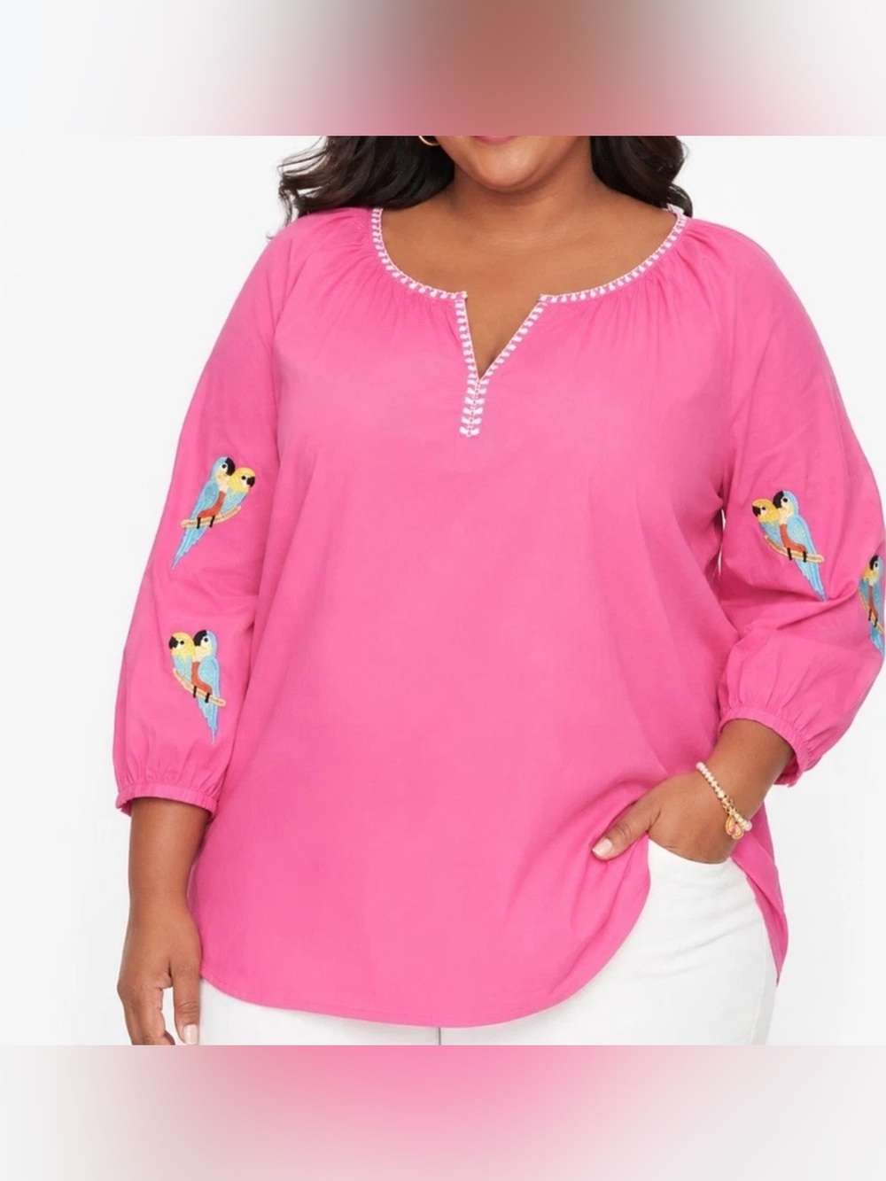 Talbots Parrot Embellished Voile Popover Shirt Pink 100% Cotton Lightweight XL